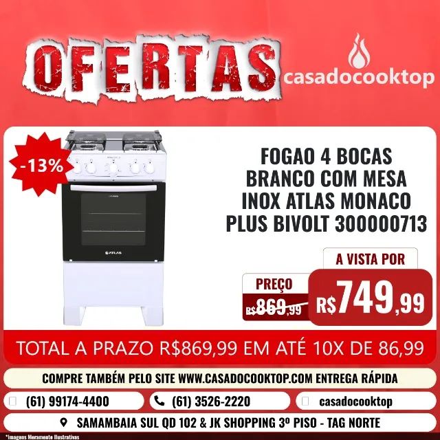FOGAO 4 BOCAS BRANCO COM MESA INOX ATLAS MONACO PLUS BIVOLT 300000713