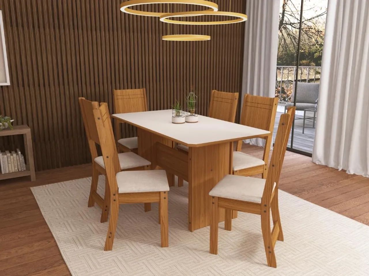 Mesa de Jantar Com 6 Cadeiras - Freijó/Off White l543