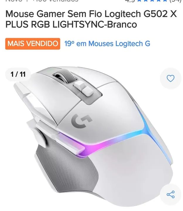 MoMouse Gamer Logitech G502 X Plus  Lightsync - Branco