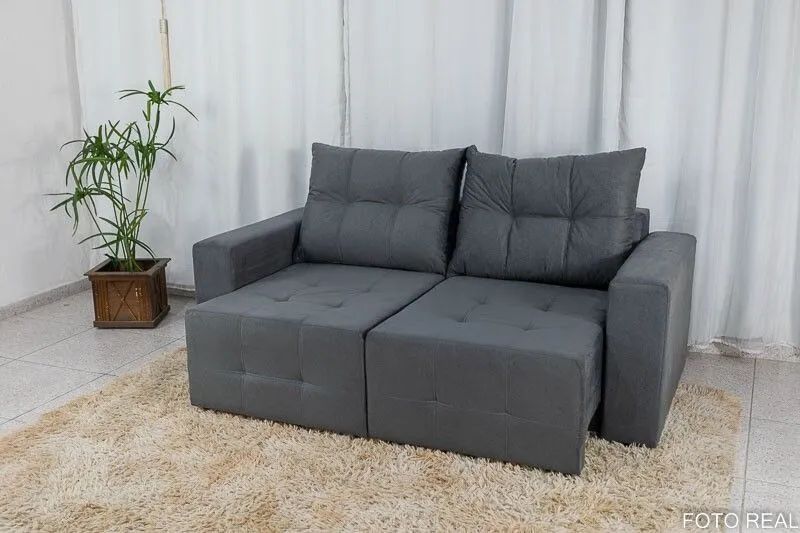 Sofá Retrátil 2 Lugares 180cm Cinza Almofadas Soltas 
