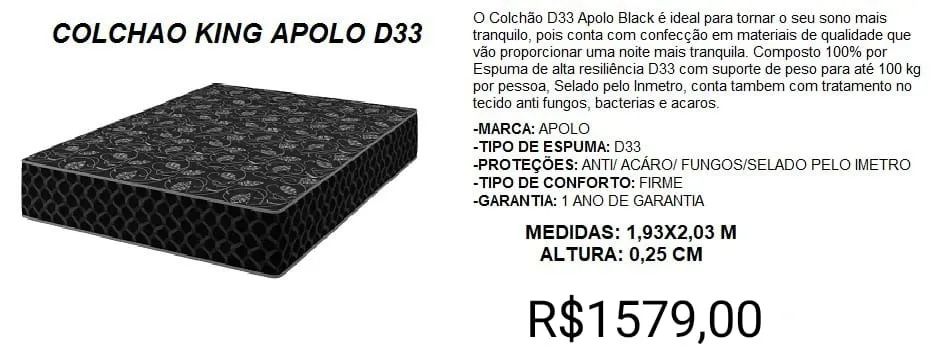 COLCHÃO KING APOLO ESPUMAS 25CM ALTURA D33 