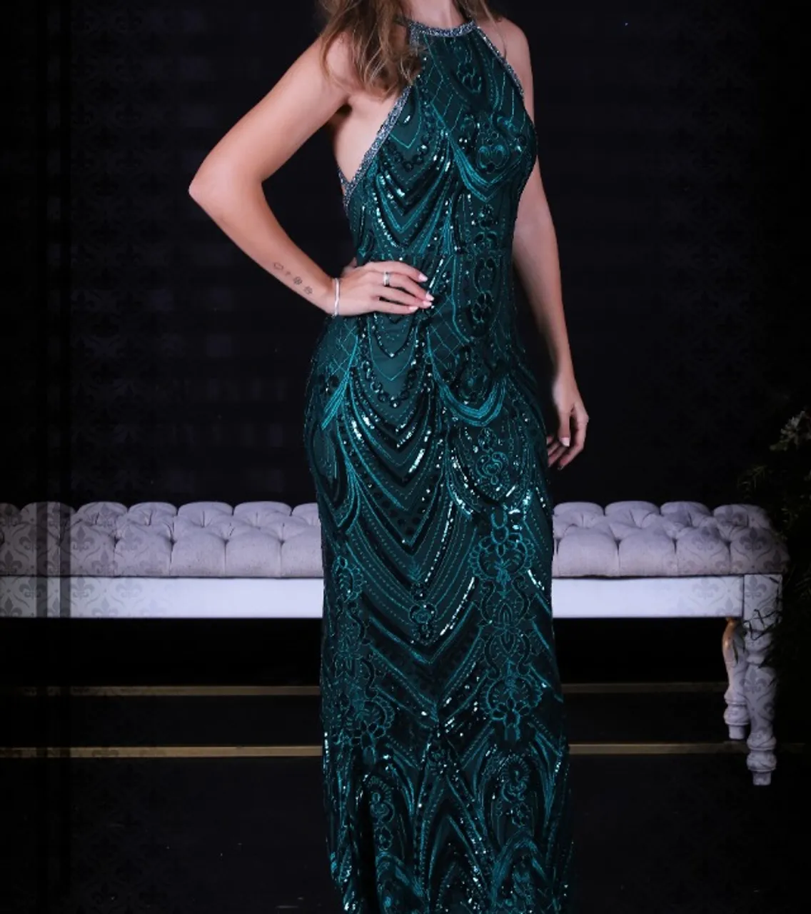 Vestido festa verde esmeralda paetê M