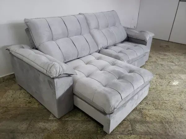 Sofá Retrátil 4 Lugares Cinza Com Molas Ensacadas Para 4 Pessoas