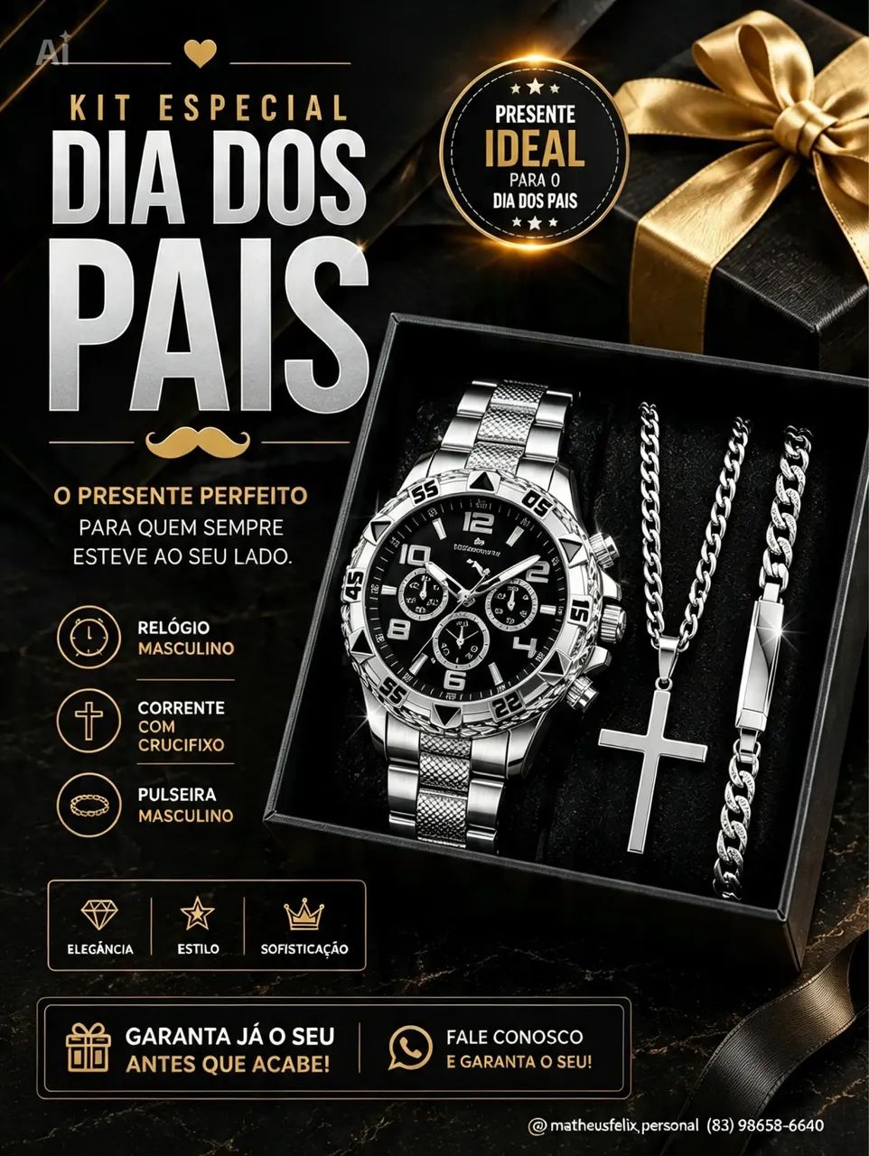 KIT ESPECIAL DIA DOS PAIS - RELÓGIO + CORRENTE + PULSEIRA - Foto 3