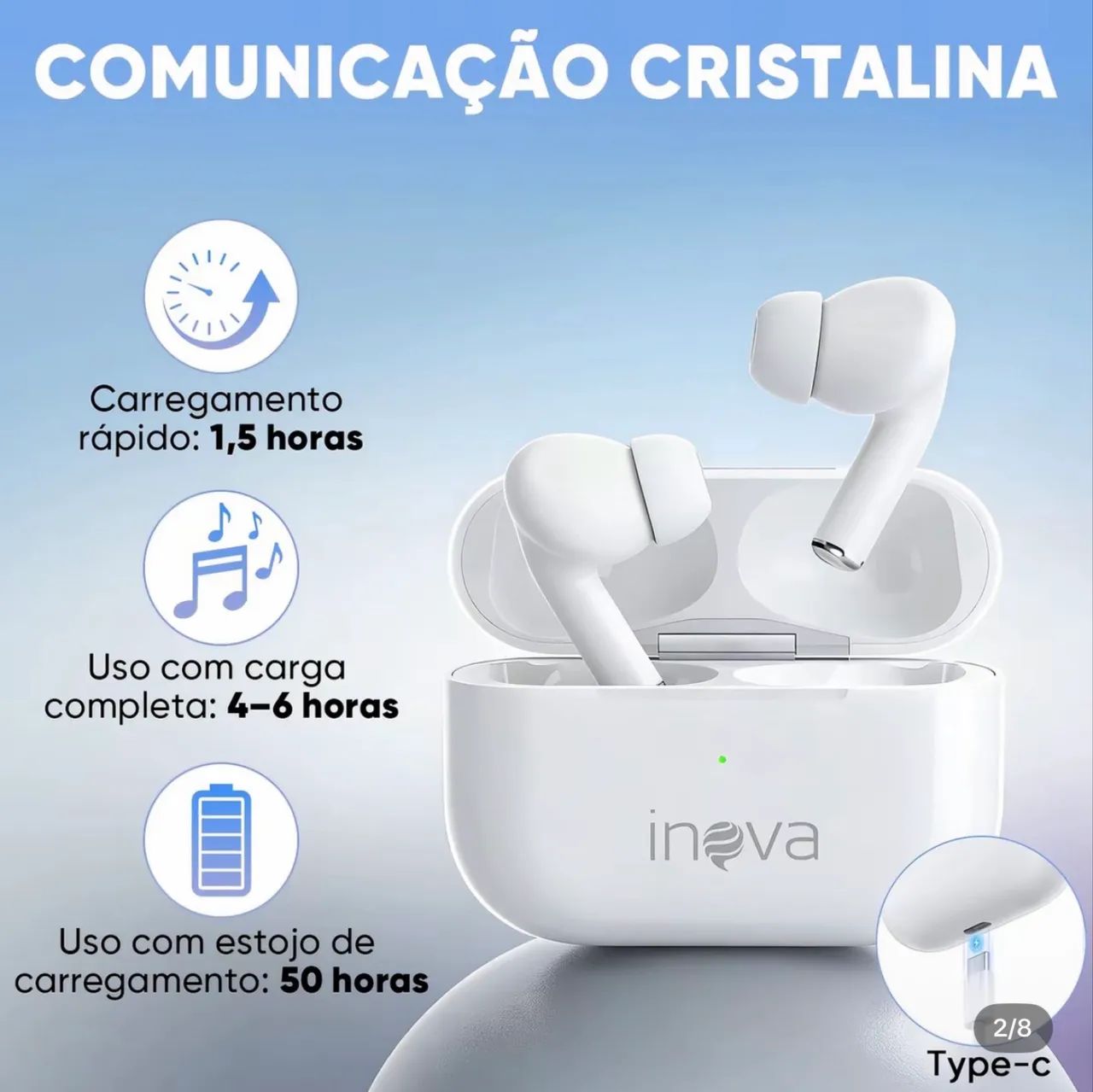 Fone de ouvido Inova Bluetooth 5.4 com cancelamento de ruído, com microfone - Foto 2