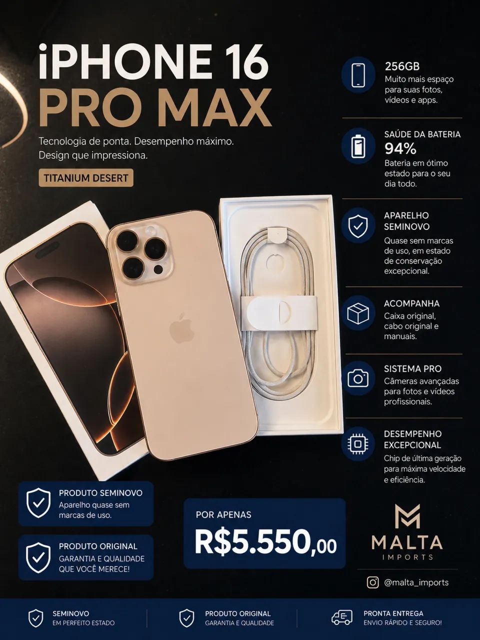 iPhone 16 pro Max 256GB completo com caixa e cabo original