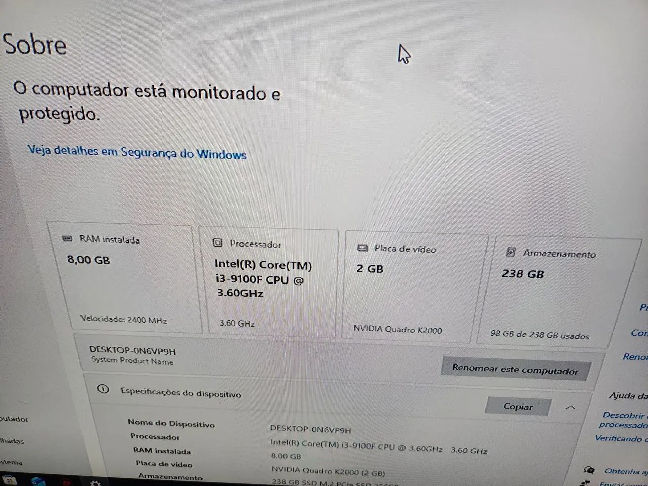 CPU I39100F 8GB RAM DDR4 PLACA DE VIDEO NVIDEO QUADRO K2000