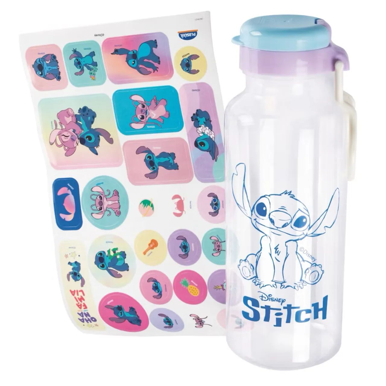 Garrafa de Plástico Com Adesivos Divertida Mente e Stitch 600ml