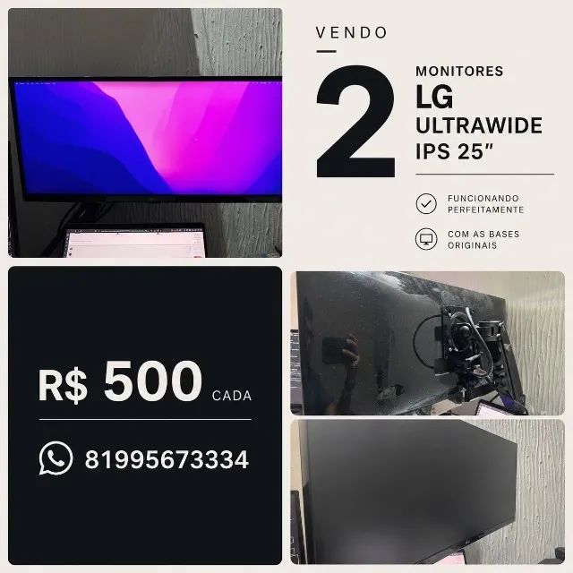 2 Monitores LG ultrawide 25 polegadas