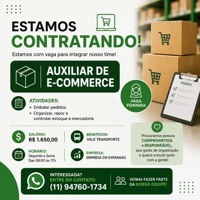 Vaga para Auxiliar de E-commerce - Estoque e Expedição