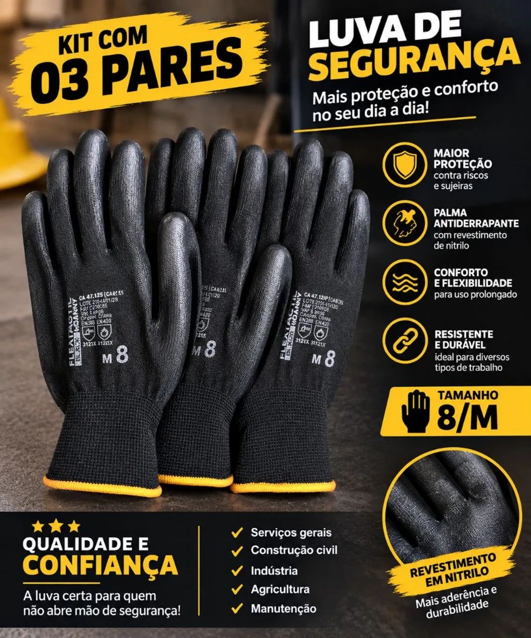 Kit 03 pares de luvas