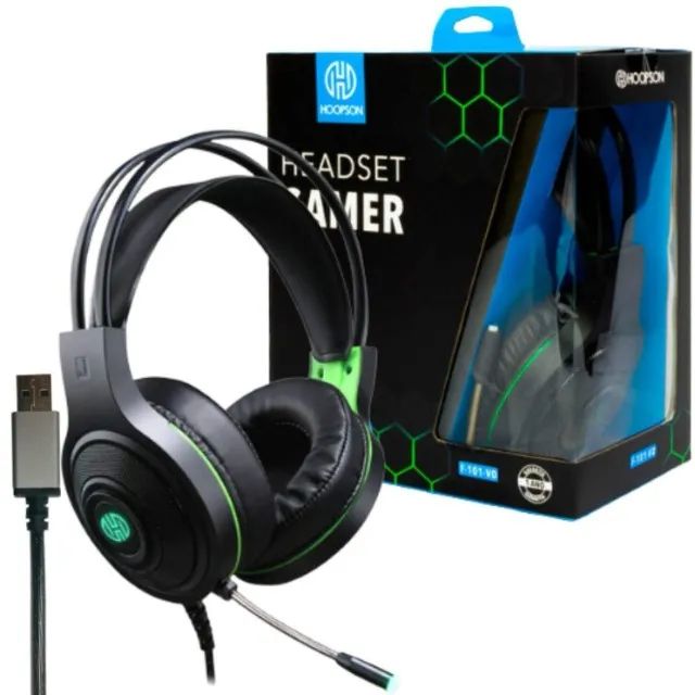 Headset Gamer Iluminação Led Usb Hoopeson Verde - F-101-VD