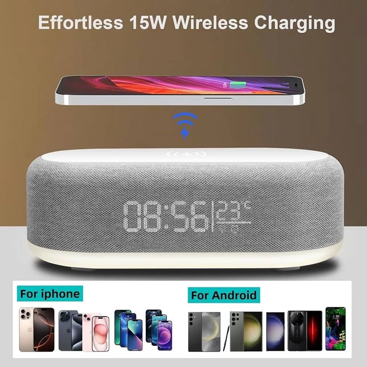 Carregador sem fio 15w para iPhone e Samsung e outros  com relógio e luz