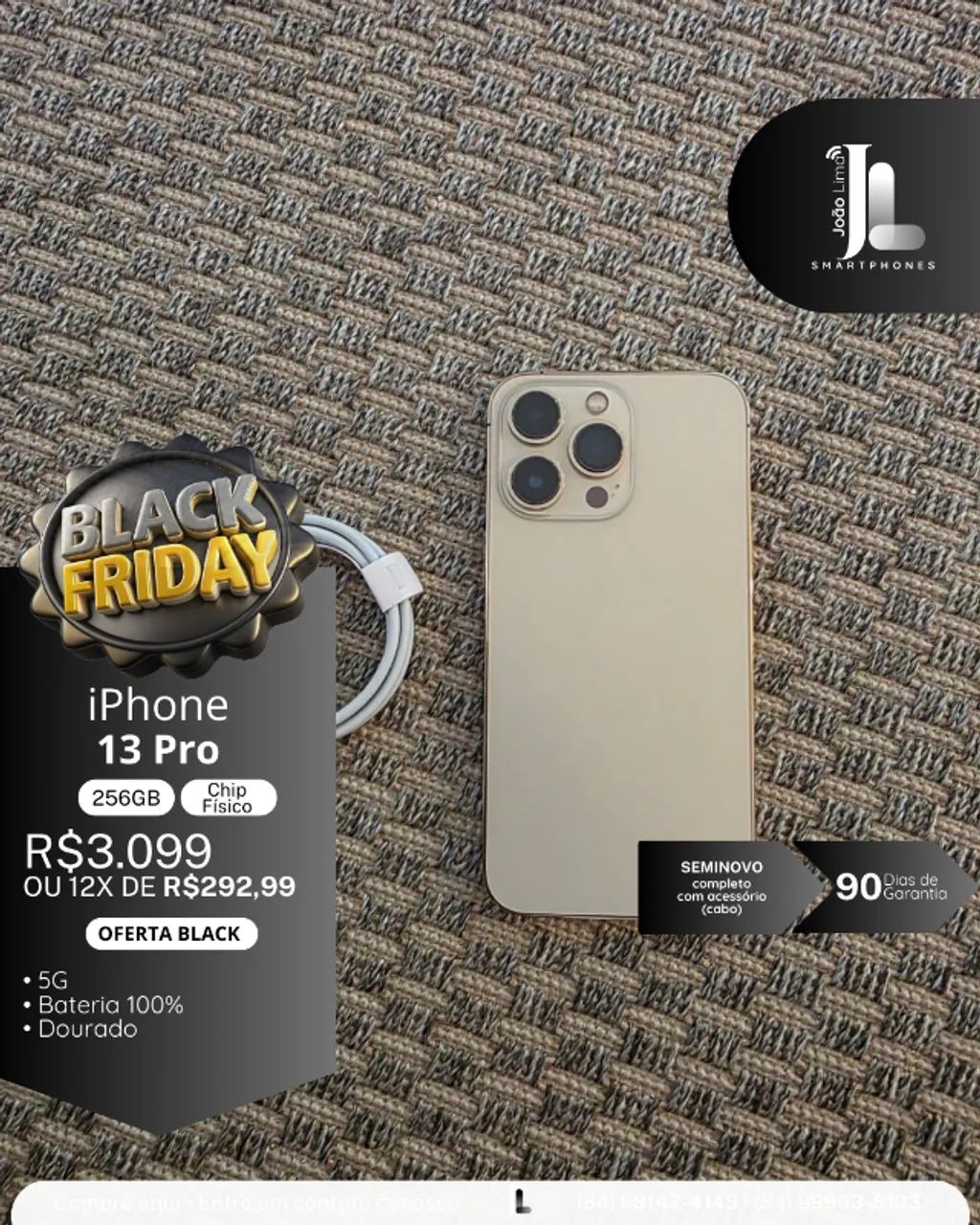 IPHONE 13 PRO, 256GB, DOURADO, CHIP FÍSICO, BATERIA 100%, SEMINOVO