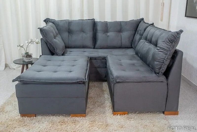 Sofá de Canto 5 Lugares com Puff Veludo Cinza - Foto 3