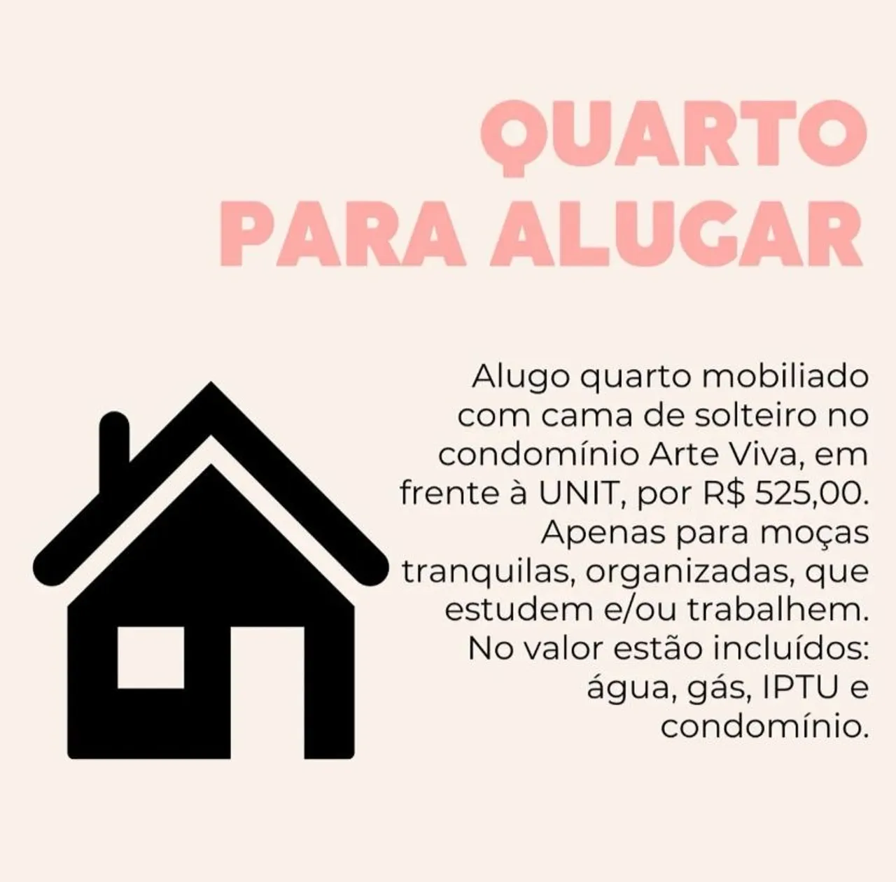 Quarto disponível para aluguel