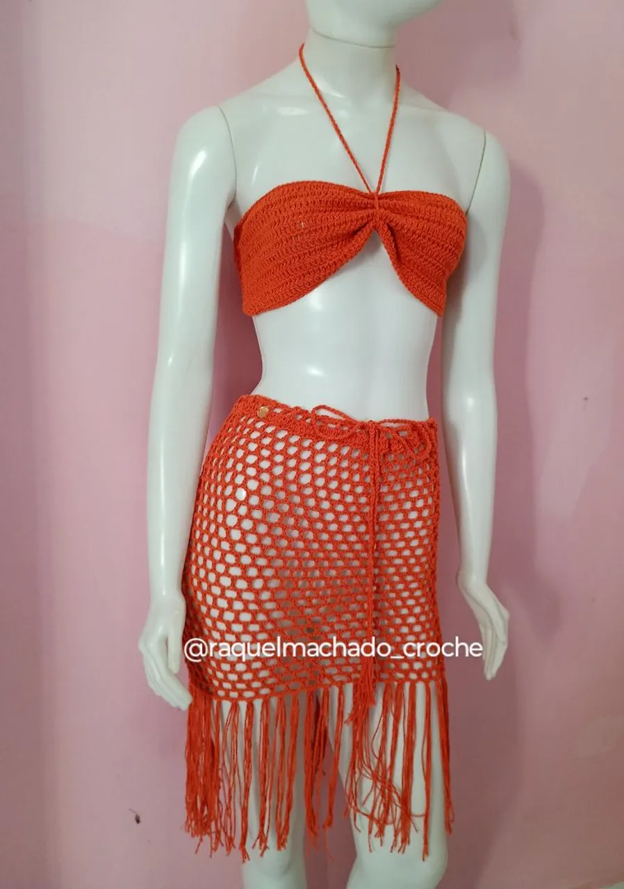 Conjunto de Crochê Laranja - Top e Saia