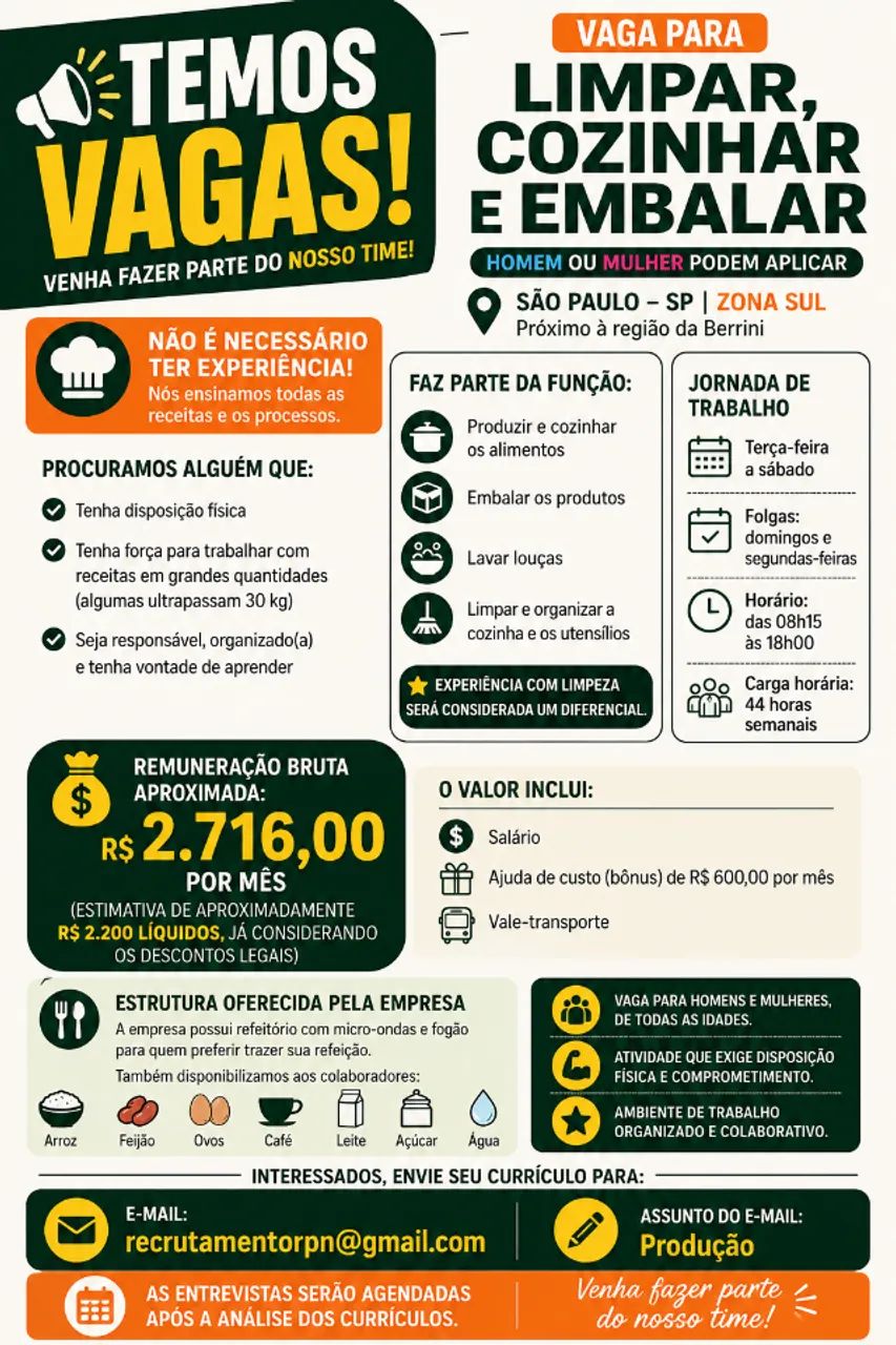 VAGA para: Limpar e Cozinhar e embalar! 