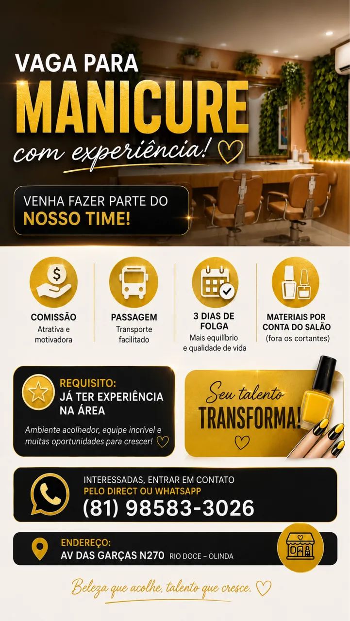 Vaga para manicure com experiência.