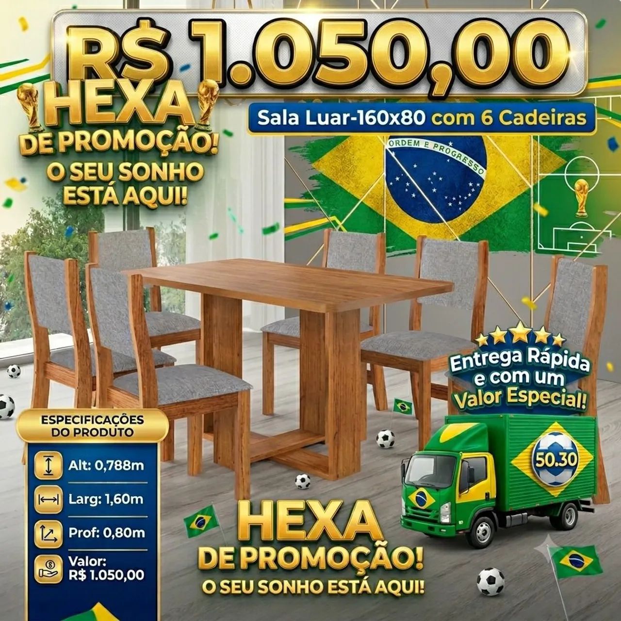 Sala Luar - 160 x 80 com 6 Cadeiras