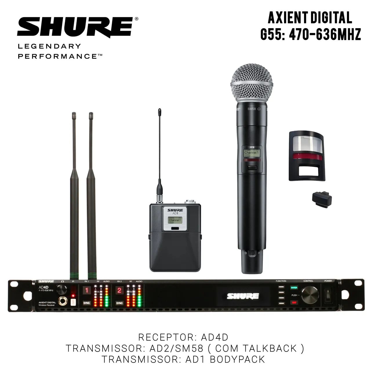 Sistema SHURE AXIENT DIGITAL AD4D, AD2, AD1 Bastão SM58 COM TALKBACK, Bodypack 