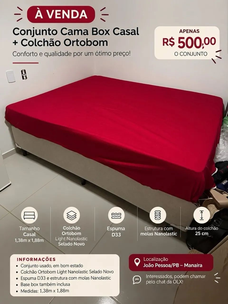 Cama box + colchão ortobom D33 - R$550
