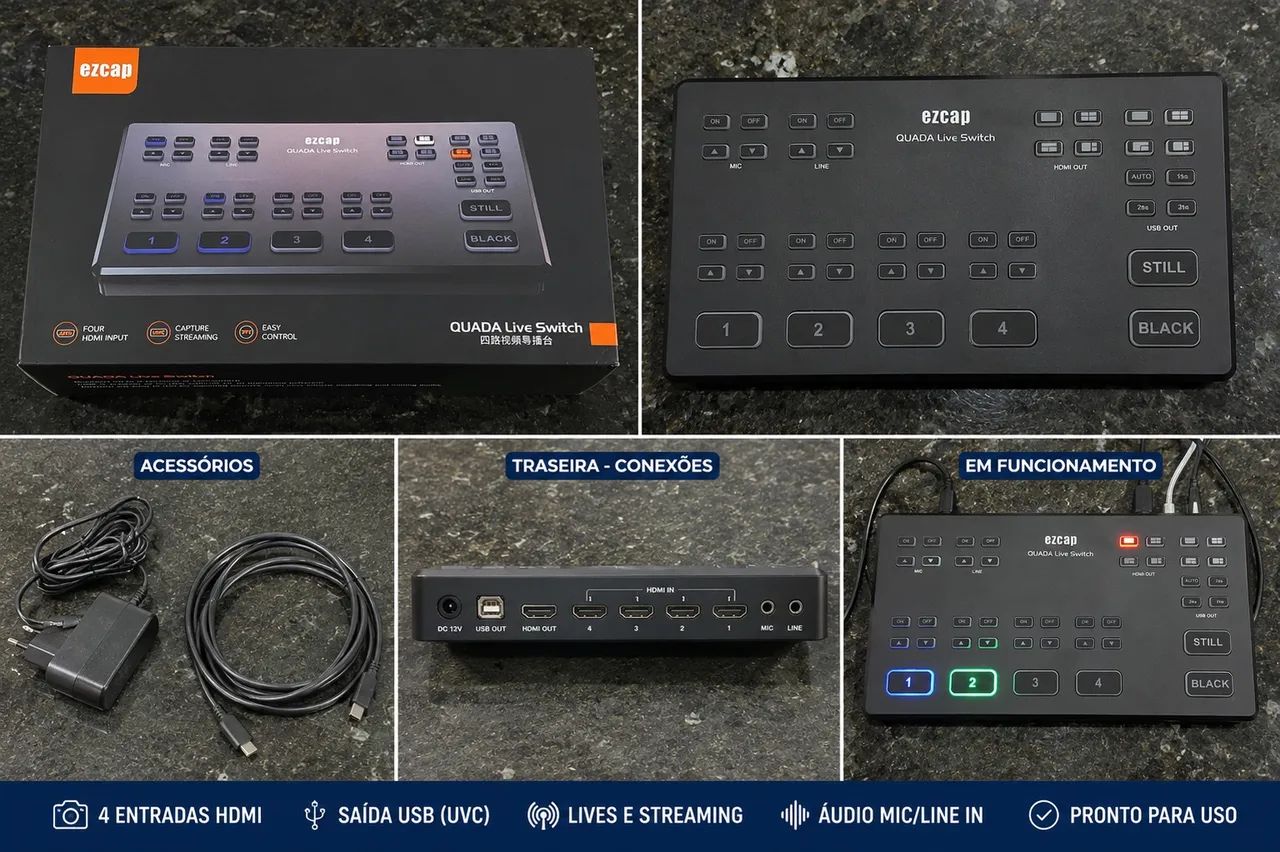 Mesa de Corte HDMI EZCAP QUADA Live Switch 4 Entradas - Completa na Caixa