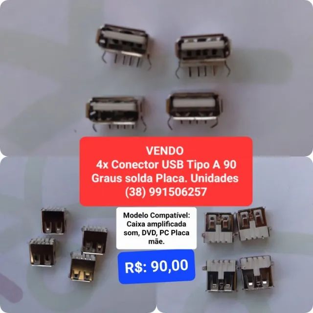 Conector USB Tipo A 90 Graus solda Placa . Unidades