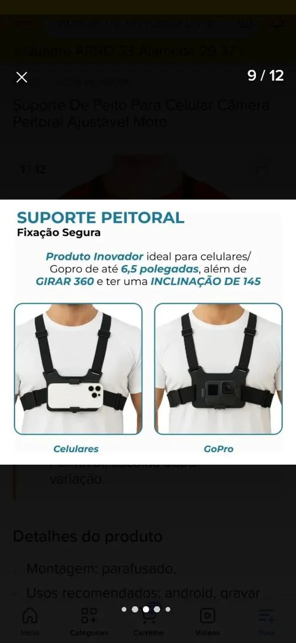 Suporte de peito para Celular,  Câmera  peitoral ajustável moto  - Foto 2