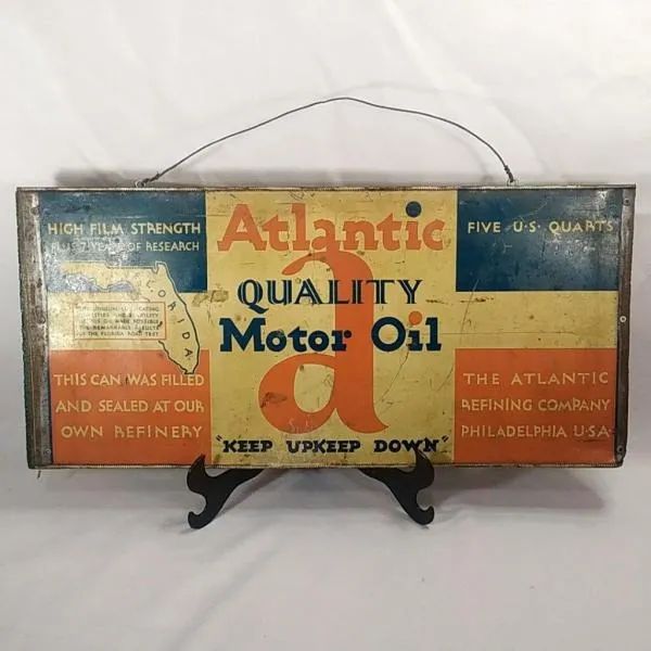 DECORAÇÃO DE AMBIENTES - ANTIGA LATA de ÓLEO Americana da ATLANTIC, no suporte de madeira - Foto 2