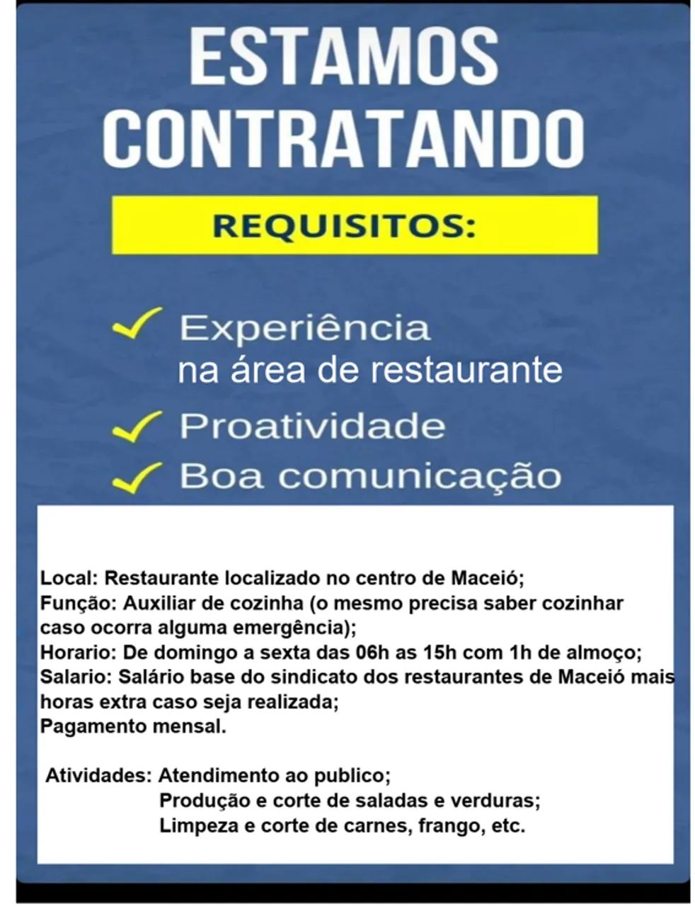 Vaga auxiliar de cozinha