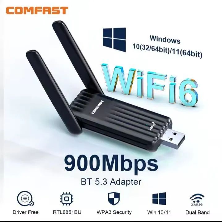Adaptador Wi-fi 6 USB com Bluetooth 5.3 900Mb/s Comfast
