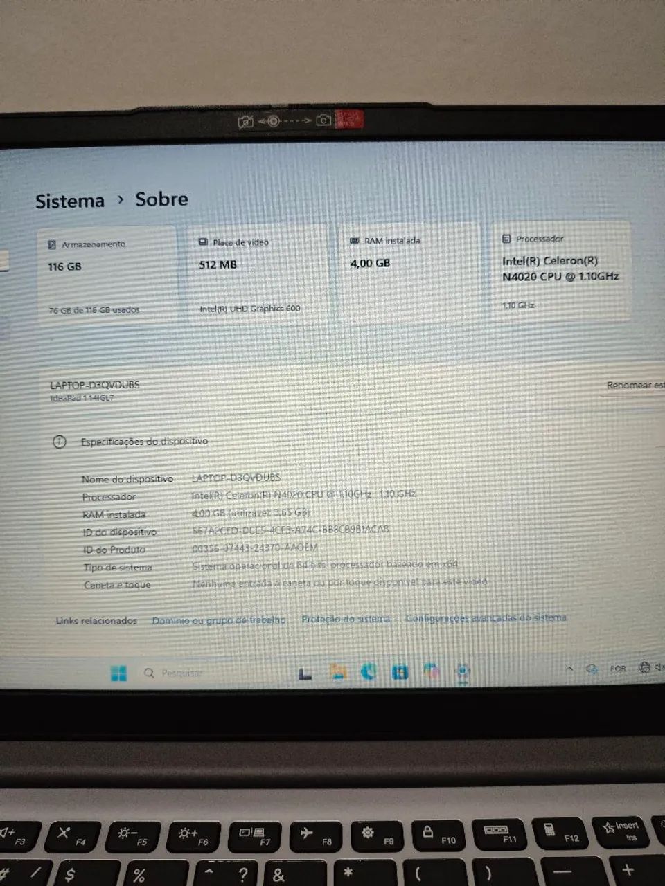 Notebook Lenovo Ideapad Celeron N4020 PRATICAMENTE NOVO - Foto 5