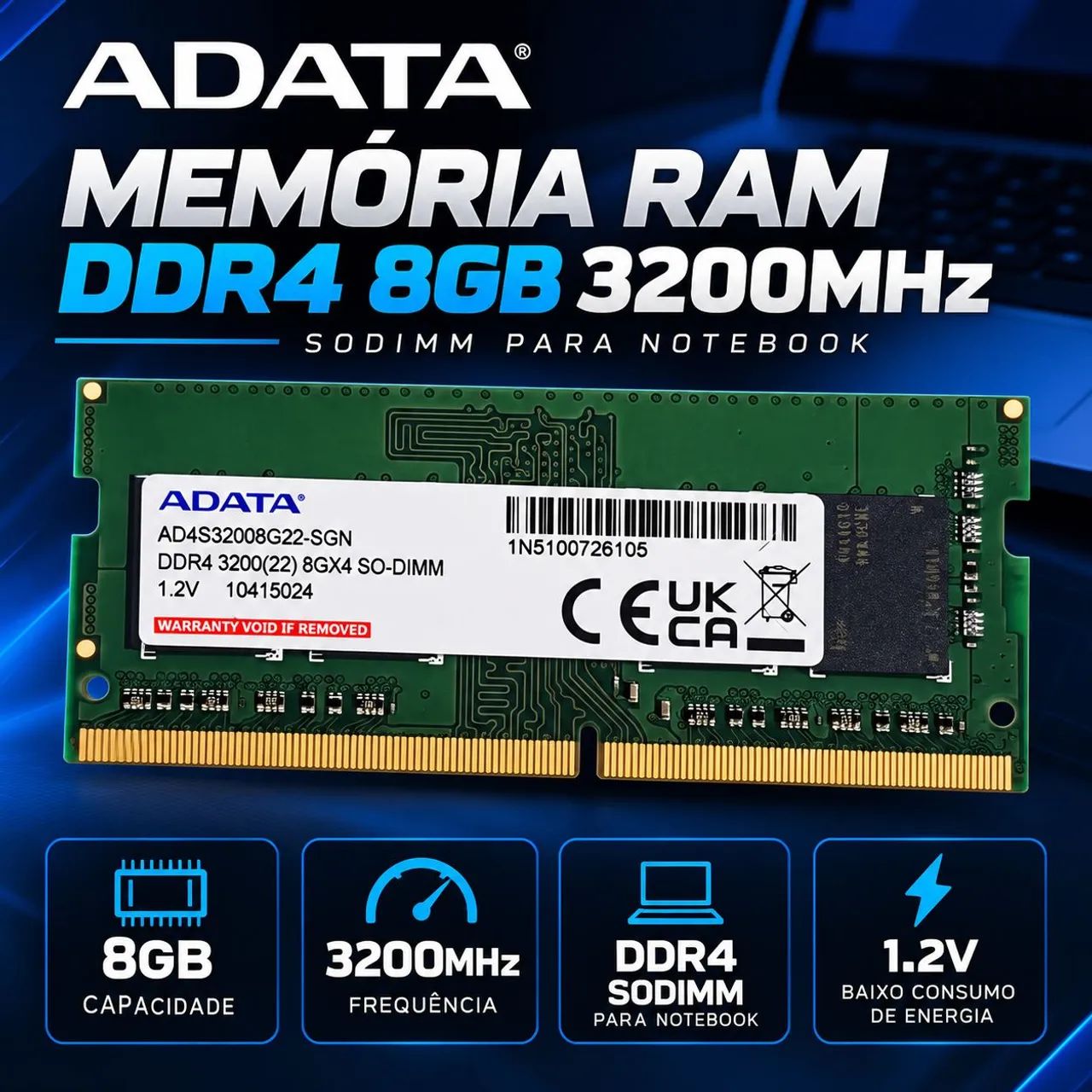Memória RAM ADATA 8GB DDR4 3200MHz para Notebook