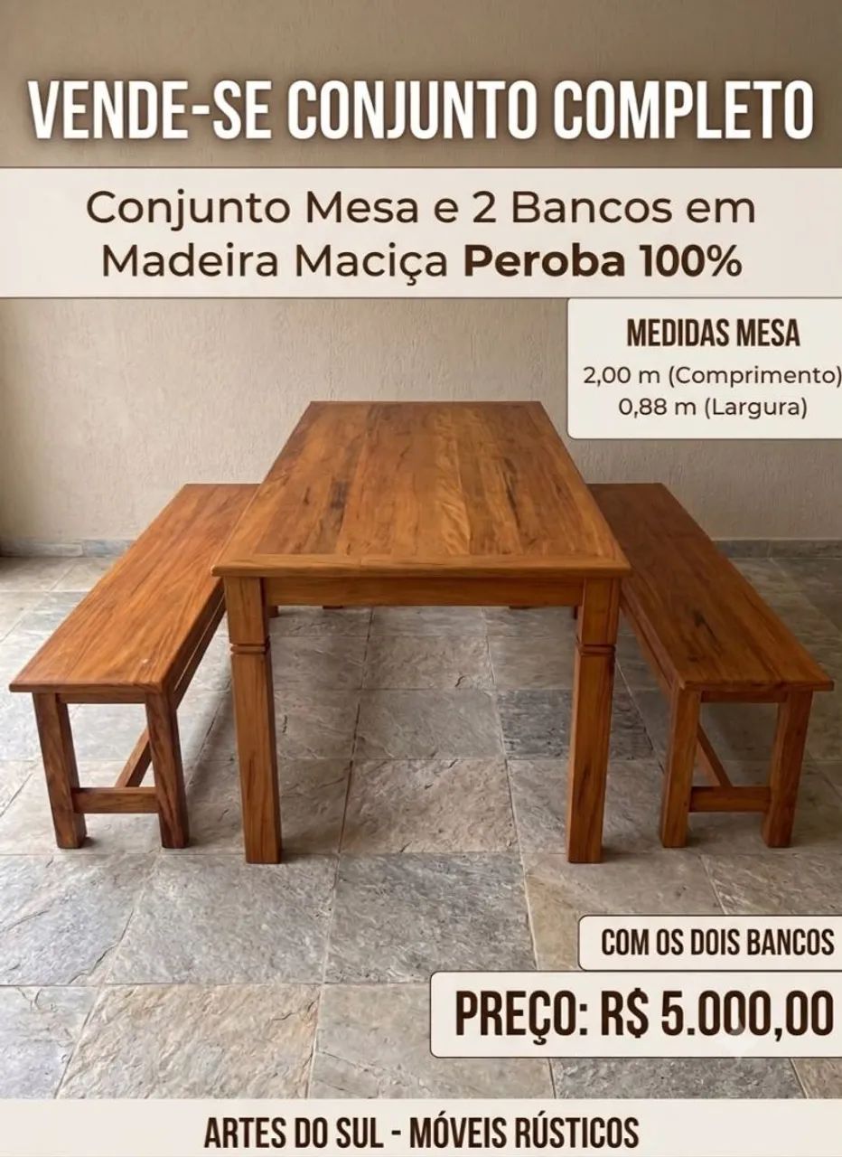 Conjunto de mesa rústica mais bancos trabalhado em 100% peroba 