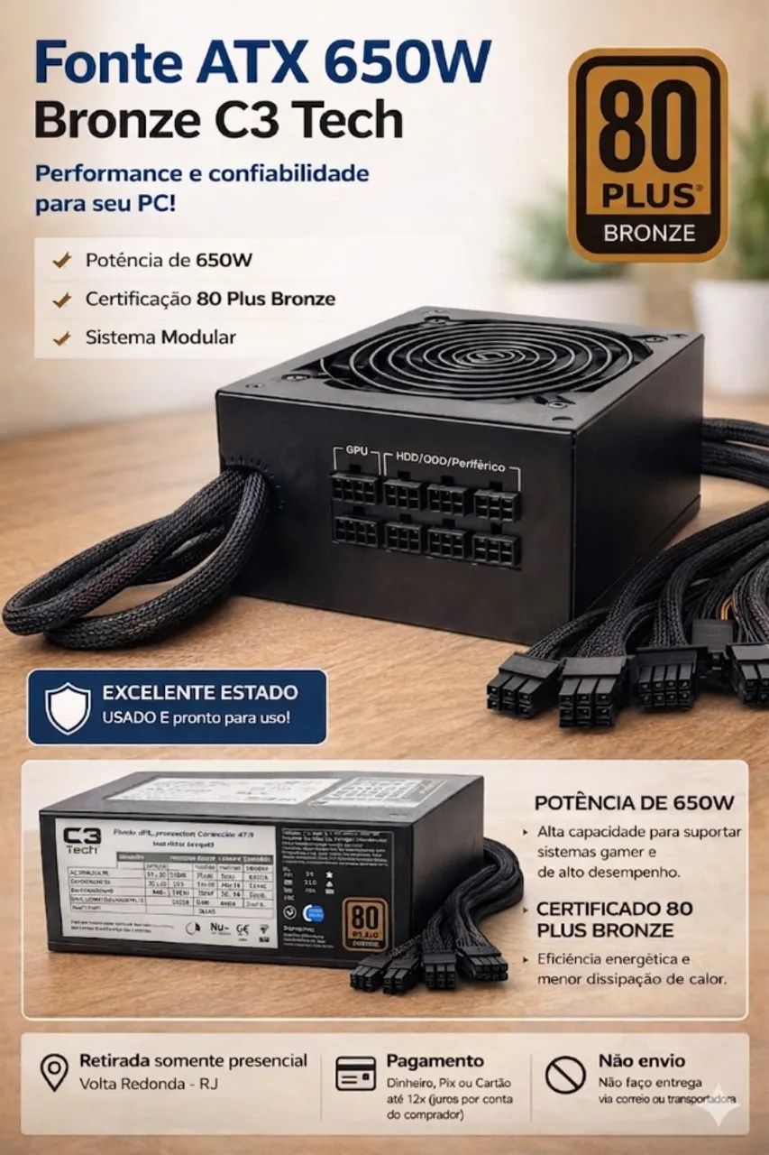 Fonte 650W ATX Modular Gaming C3-TECH  (PS-650)