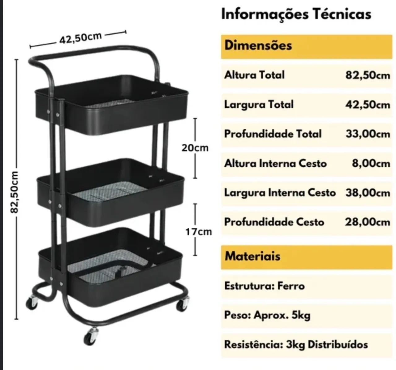 Carrinho Multiuso em Aço com 3 prateleiras  - Foto 3