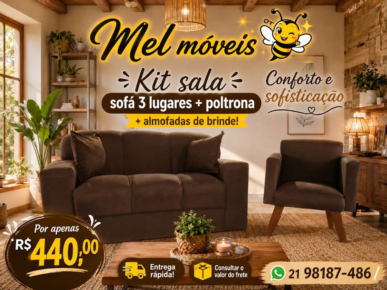 ? 440,00 PROMOÇÃO- kit sala / sofá 3 lugares + poltrona + 2 almofadas de brinde