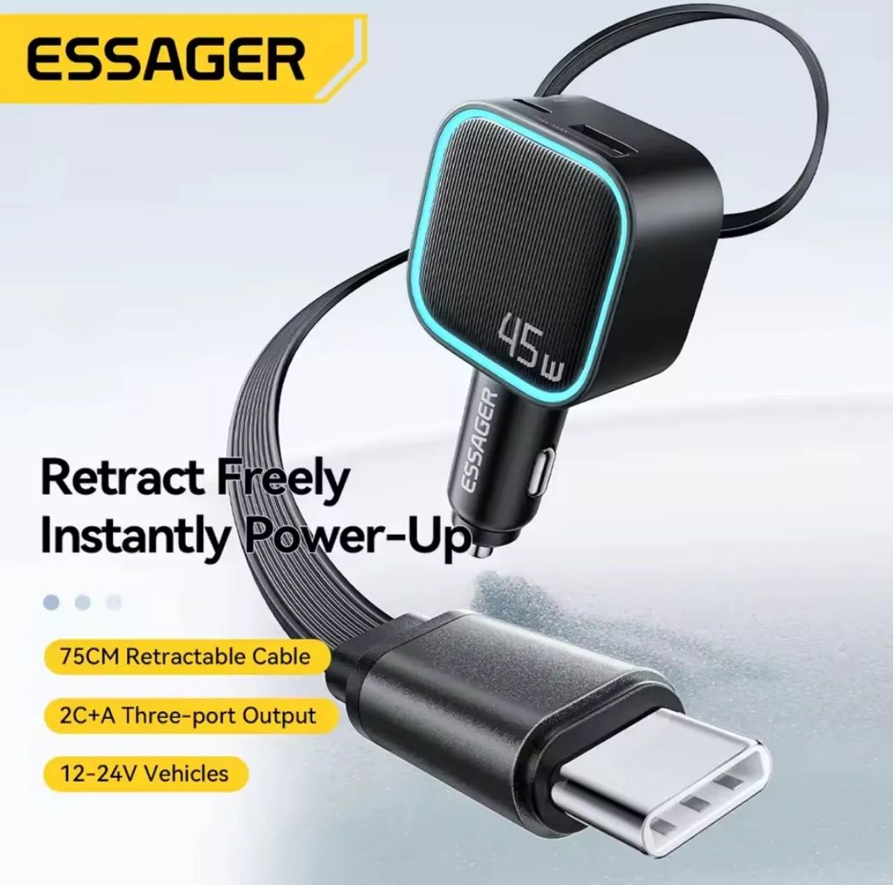 Carregador veicular Essager 45W com cabo retrátil 75cm