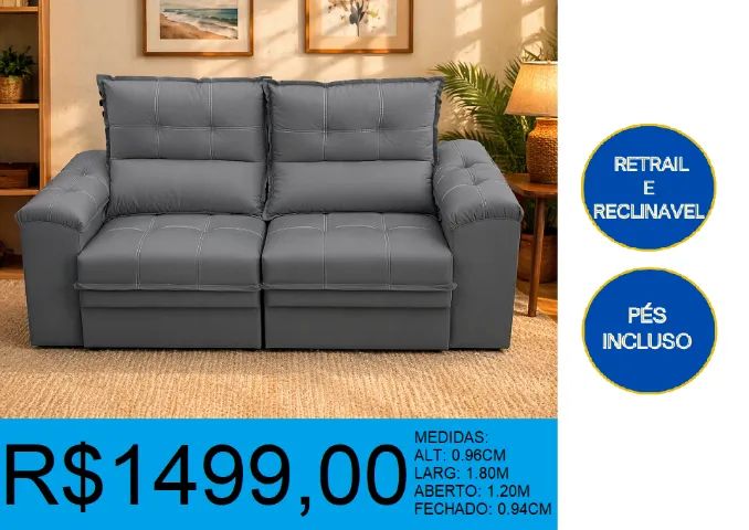 SOFA - RETAIL E RECLINAVEL - DISPONIVEL EM 2 CORES = ENTREGTA GRATIS 