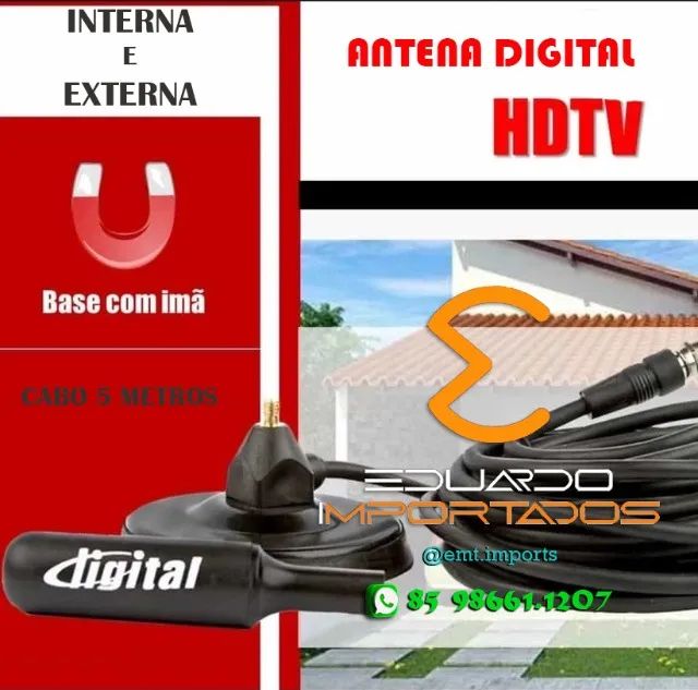 Antena Tv Digital Interna Externa Prova D'água Base Imã Cabo 5m - Foto 3