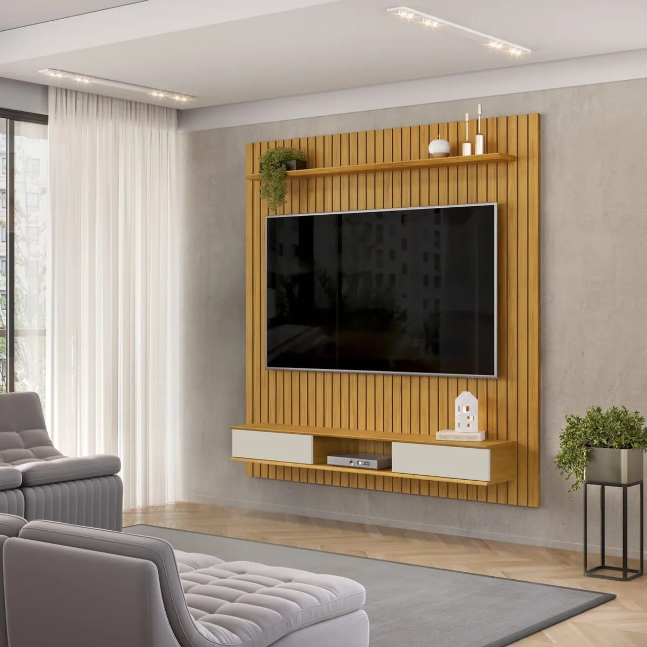 Painel de TV Moderno com Prateleiras e Detalhes em Madeira