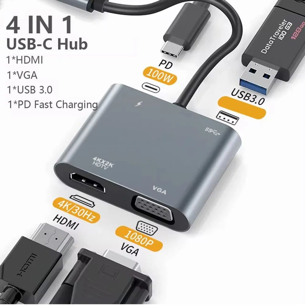 Hub USB-C 4 em 1 - HDMI, VGA, USB 3.0 e PD 100W