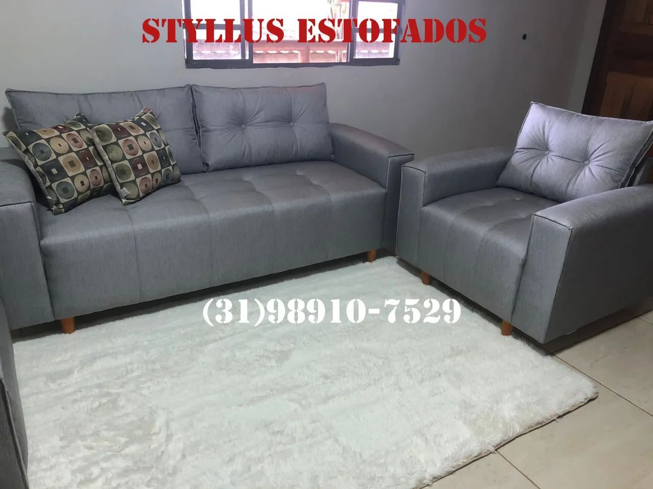 Conjunto Sofá 3Lugares + Poltrona Cinza