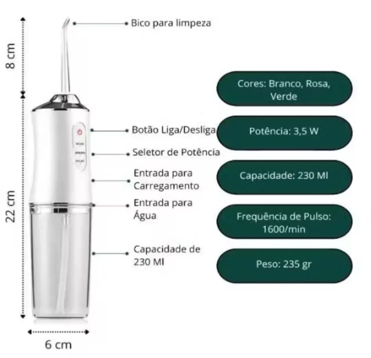 0Irrigador Oral Limpeza Profunda Jato D àgua Tanque de 220ML Eletrico Dentes - Foto 2