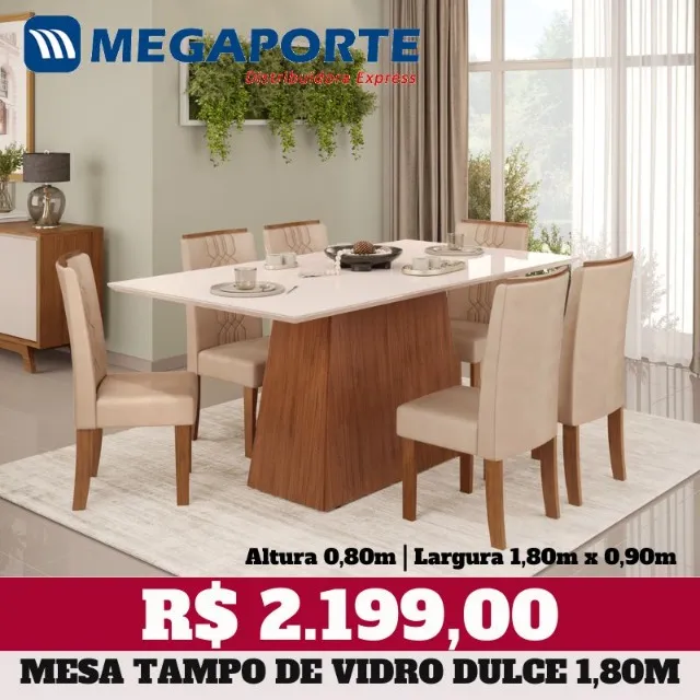 Mesa de Jantar 6 Cadeiras Tampo de Vidro 1,80m (Novo) Entrega Grátis!