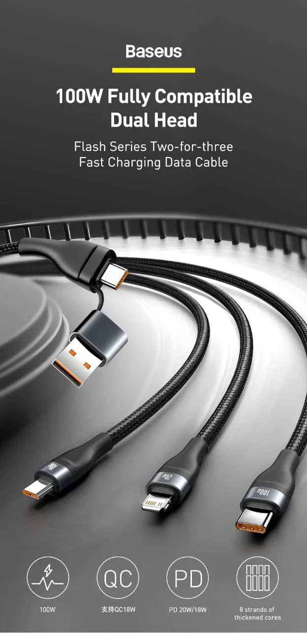 Cabo 3 em 1 Baseus Flash Series 100W 120cm Usb-c Lightning Micro-usb Reforçado - Foto 3