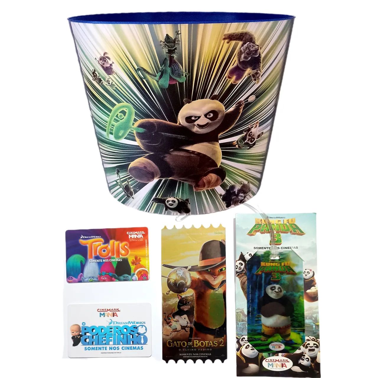 Kit balde card cartão Kung Fu Panda gato de botas trolls chefinho Cinemark Cinépolis geek