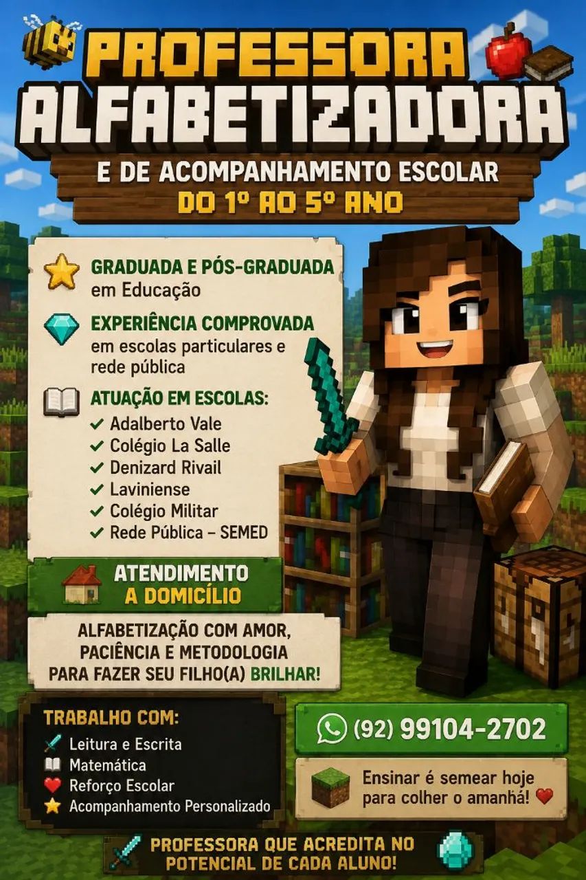 Professora de reforço particular de 1° ao 5° ano.