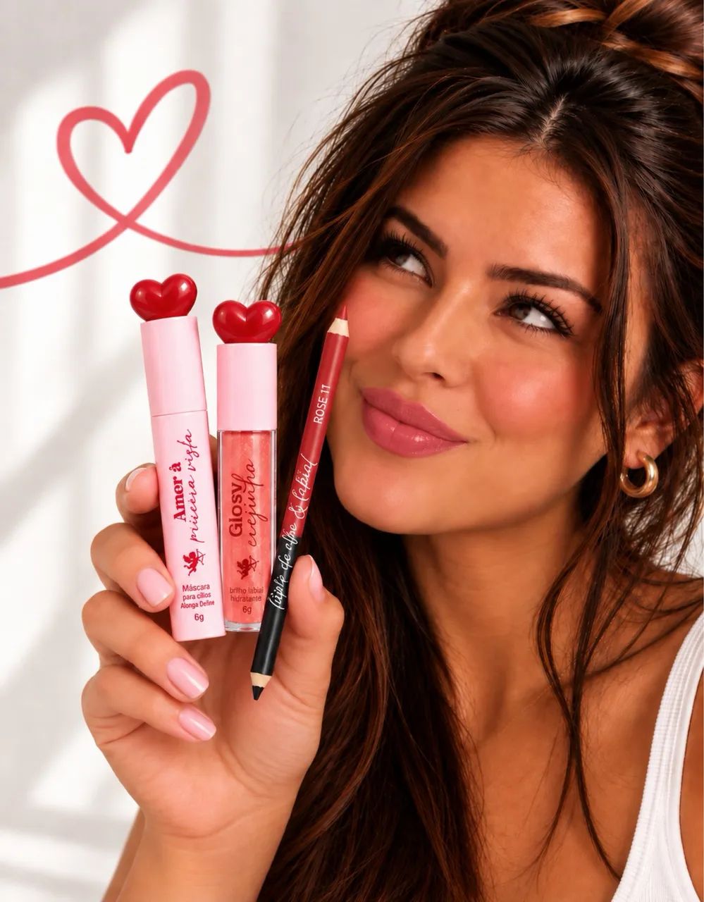 Kit Make - Lápis de olho e labial + Gloss labial + Máscara para cílios